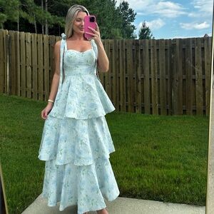 Light Blue Ruffled Tiered Maxi Dress Sweetheart Neckline